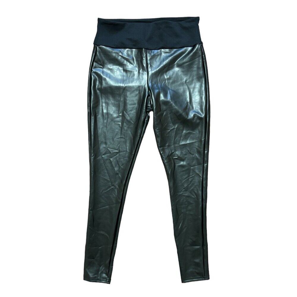 NEW SPANX Shaping Waistband Faux Leather Leggings in Black Shine  SZ L